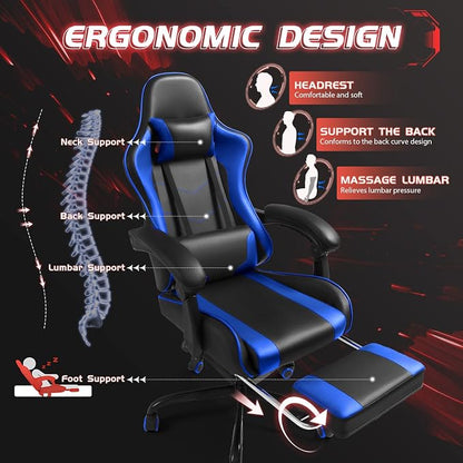 Shahoo Gaming Chair with Footrest and Massage Lumbar Support, Ergonomic Computer Chairs 360°Swivel and Height Adjustable Seat with Headrest for Office or Bedroom, Study Room, Blue