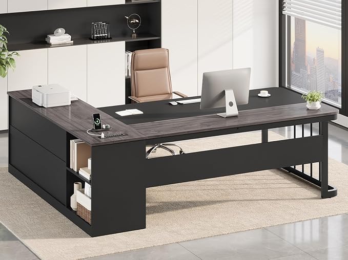 UPOSOJA 71" Executive Desk, Large Office Desk with Drawers & Storage Shelves, Modern L Shaped Computer Desk Corner Desk with Power Outlets, File Cabinet, Business Furniture Desk Workstation (Grey)