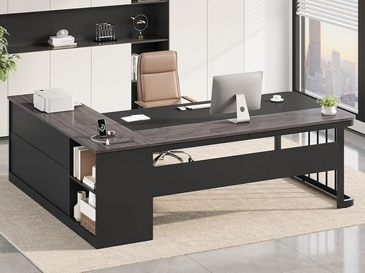 UPOSOJA 71" Executive Desk, Large Office Desk with Drawers & Storage Shelves, Modern L Shaped Computer Desk Corner Desk with Power Outlets, File Cabinet, Business Furniture Desk Workstation (Grey)