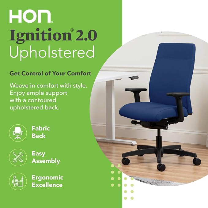 HON Ignition 2.0 Ergonomic Office Chair with Adjustable Arms, Advanced Synchro‑Tilt Recline, Upholstered Desk and Computer Chair for Home Office or Workstation, Black Frame, Indigo