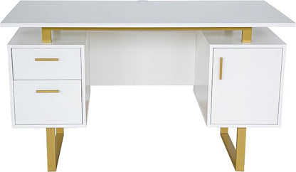Techni Mobili Storage Drawers and Cabinet 51.25” W-Modern Office Large Floating Desktop Surface Desk, 23.6" D x 51.2" W x 29.8" H, White/Gold
