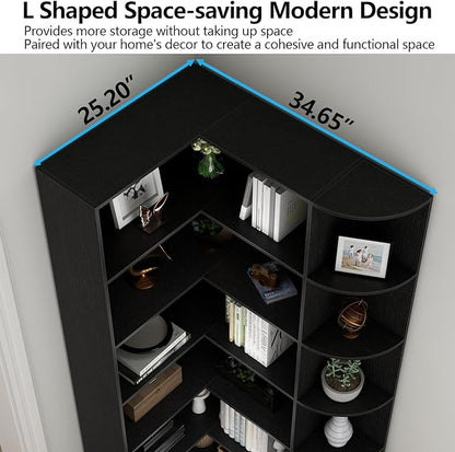 Loomie Black Book Shelf, 6 Tiers Shelf Large Tall Corner Etagere Bookcase with Full Baffle, L-Shaped Modern Storage Display Industrial Bookshelves for Bedroom, Home Office, Living Room & Kitchen,Black