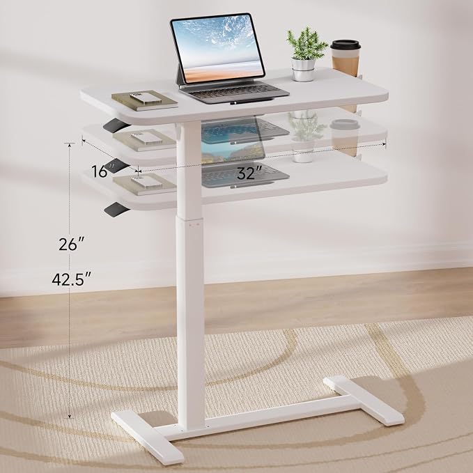 GTPLAYER Small Standing Desk with Hidden Wheels, Pneumatic Mobile Rolling Laptop Desk, Adjustable Height Overbed Bedside Table Computer Workstation for Home Office (28" W x 16" D, White)