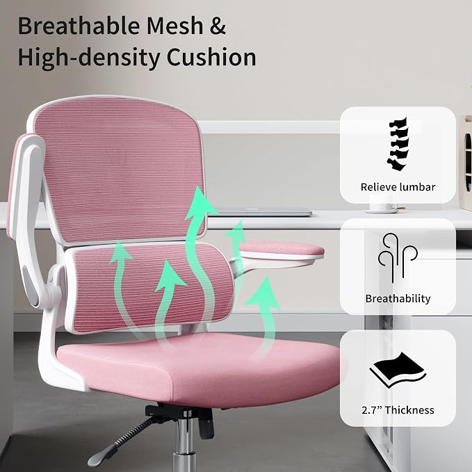 Office Chair, Ergonomic Desk Chair - Thick Cushion Adjustable Height Computer Chair with Lumbar Support and Flip-up Armrests, Pink Home Office Desk Chairs, Swivel Executive Task Chair…