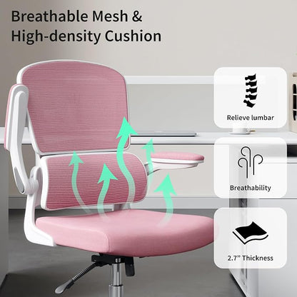 Office Chair, Ergonomic Desk Chair - Thick Cushion Adjustable Height Computer Chair with Lumbar Support and Flip-up Armrests, Pink Home Office Desk Chairs, Swivel Executive Task Chair…