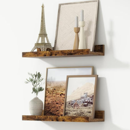 FLYJOE Picture Ledge Shelf, Floating Shelves Set of 2, 16 Inches Nursery Book Shelves for Toys Storage, Kids Bookshelf Wall Mounted for Living Room Bedroom Decor Books Photo Frames, Rustic Brown