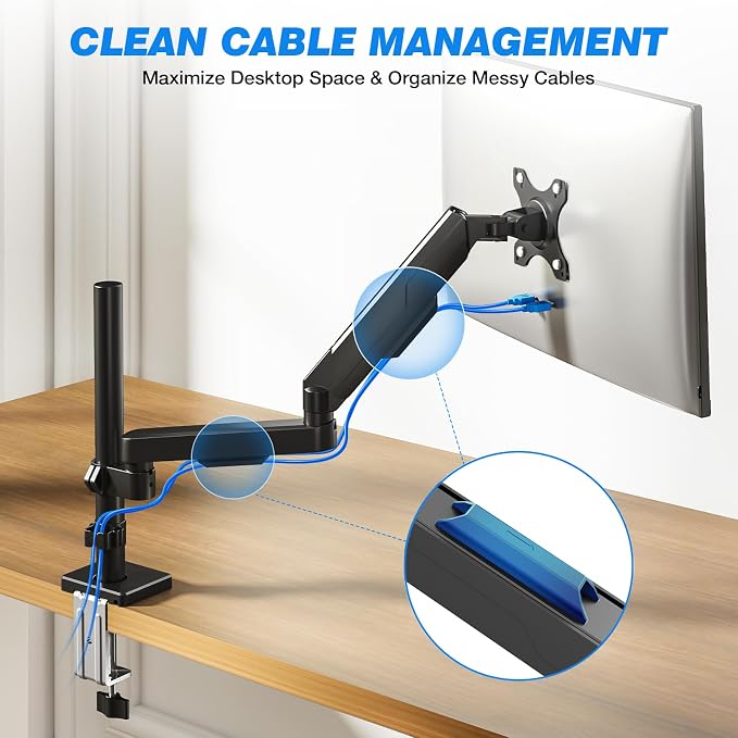 Single Monitor Arm Desk Mount, Adjustable Extra Long Monitor Stand for 17-34 Inch Screens, Hold up to 22 lbs, VESA 75/100mm Mount with Tilt, Swivel, Rotation