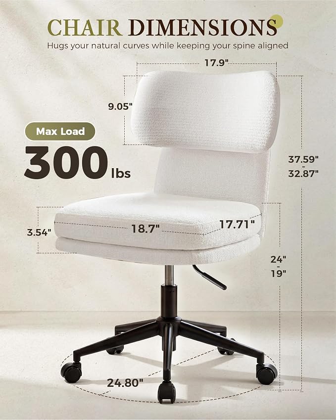 COMHOMA Home Office Desk Chairs with Ergonomic Curved Backrest, Mid Century Modern Vanity Chair with Wheel for Bedroom, Chenille Upholstered, White