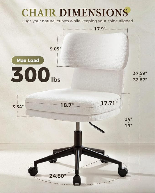 COMHOMA Home Office Desk Chairs with Ergonomic Curved Backrest, Mid Century Modern Vanity Chair with Wheel for Bedroom, Chenille Upholstered, White