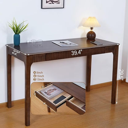 Solid Wood Desk with Drawer, Small Writing Desk for Small Spaces,Gaming Study Home Office Workbench woodenDesks for Work, 39 inch Wooden Computer Desk for Bedroom Walnut Color