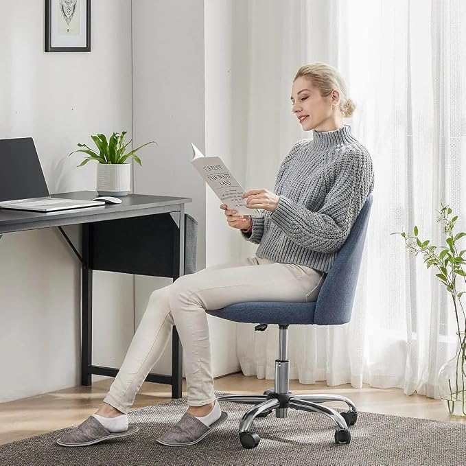 Simple Deluxe Armless Office Desk Chair, Modern Cute Swivel Vanity Chair Comfy Home Office Chairs with Wheels Height Adjustable Rolling Computer Task Stools for Living Room, Make-up, Bedroom, Blue