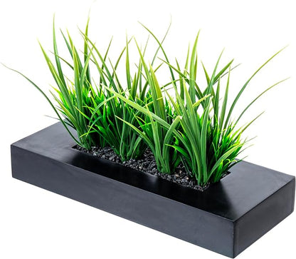 MyGift Large Artificial Green Grass Plants Potted in 14-Inch Matte Black Wood Decorative Planter, Tabletop Faux Greenery in Wooden Rectangular Pot Centerpiece Décor