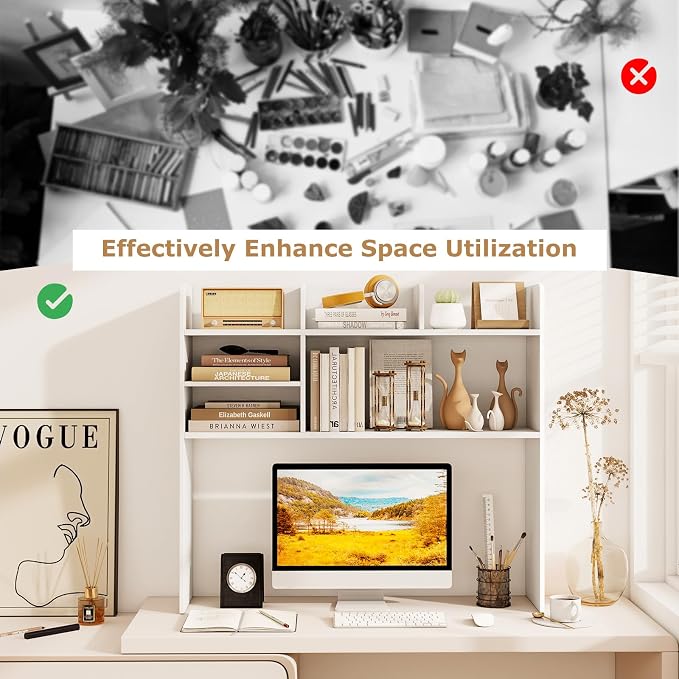 GOFLAME 6 Shelves Desktop Bookshelf, 37” Desk Hutch Dorm for Computer Monitor Up to 32”, 3-Tier Countertop Display Rack, Wood Desk Storage Organizer Shelf for Home Office, Study, White