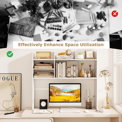 GOFLAME 6 Shelves Desktop Bookshelf, 37” Desk Hutch Dorm for Computer Monitor Up to 32”, 3-Tier Countertop Display Rack, Wood Desk Storage Organizer Shelf for Home Office, Study, White
