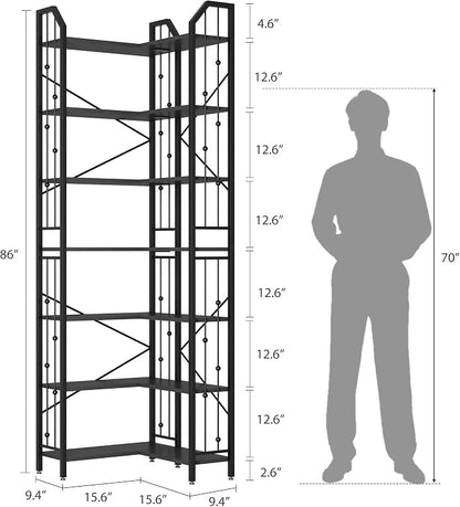 GarveeHome Corner Bookshelf 86" l Shaped Bookcase, Corner Bookshelves Black Bookcase 7 Tier l-Shape Bookshelf, Large Bookcases with Beaded Design Tall Display Rack Shelf for Living Room Bedroom
