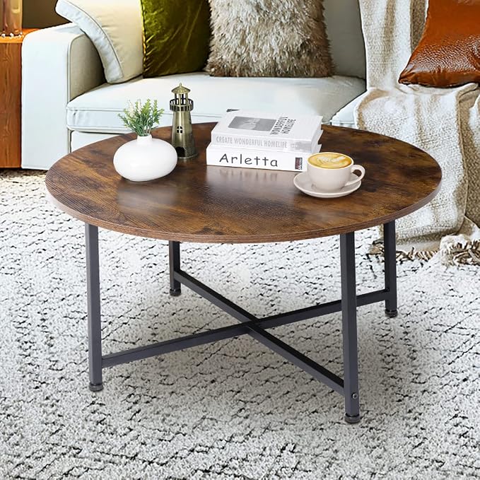 ZenStyle Round Coffee Table, Industrial Style Cocktail Desk Modern Leisure Tea Table, Kitchen Dining Table for Living Room, Dining Room, Tea, Home Office Balcony with Durable Metal Frame