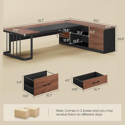 UPOSOJA 78.7" Executive Desk, Large Office Desk with Drawers & Storage Shelves, Modern L Shaped Computer Desk Corner Desk with Power Outlets, File Cabinet, Business Furniture Desk Workstation (Walnut)