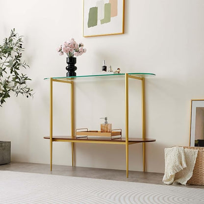 LumFurn Oval Glass Console Table for Living Room, Foyer & Entrance, 2-Tiers Mid-Century Modern Sofa Table with Clear Glass Top, Walnut Finish Wood Shelf and Gold Finish Frame