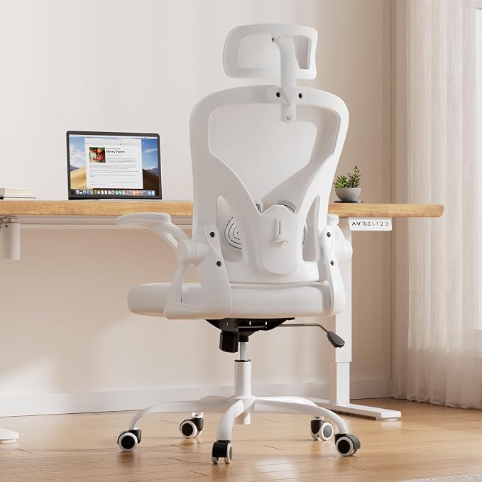 Farini Ergonomic Office Chair, Home Office Desk Chair with Headrest, High Back Swivel Computer Chair with Armrests and Adjustable Lumbar Support for Home Office Study Room, White & White