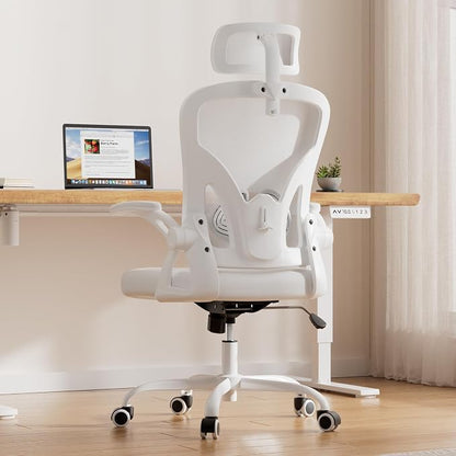 Farini Ergonomic Office Chair, Home Office Desk Chair with Headrest, High Back Swivel Computer Chair with Armrests and Adjustable Lumbar Support for Home Office Study Room, White & White
