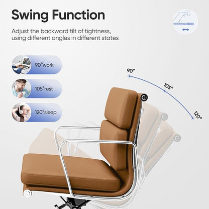 Genuine Leather Office Chair, Padded Mid Back Ergonomic Executive Desk Chair with Aluminum Arm Rest and Base, Swivel Wheels with Lumbar Support & Tilting Function, Hight Adjustable Light Brown