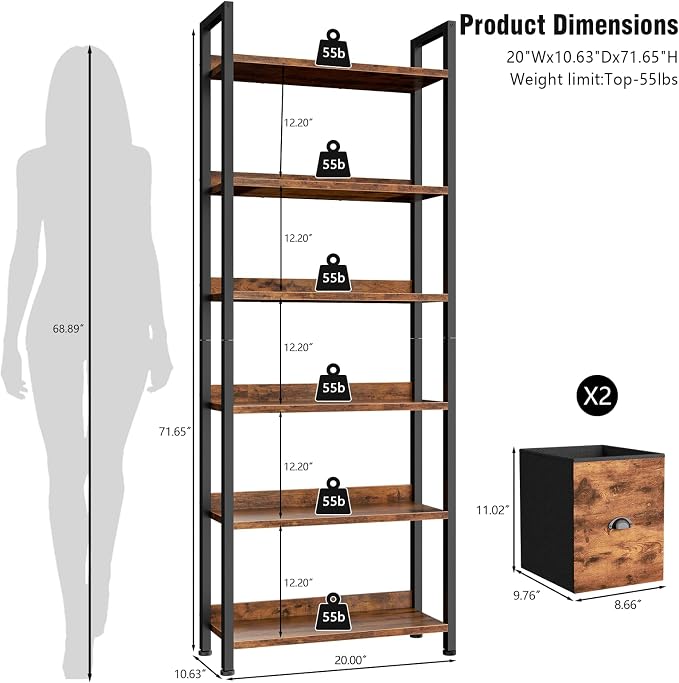 Furologee 6-Tier Bookshelf, Tall 71" Rustic Bookcase with 2 Drawers Storage Organizer, Industrial Display Free Standing Shelf Units, Wood and Metal Storage Rack for Home Office, Bedroom, Rustic Brown | Bookcase