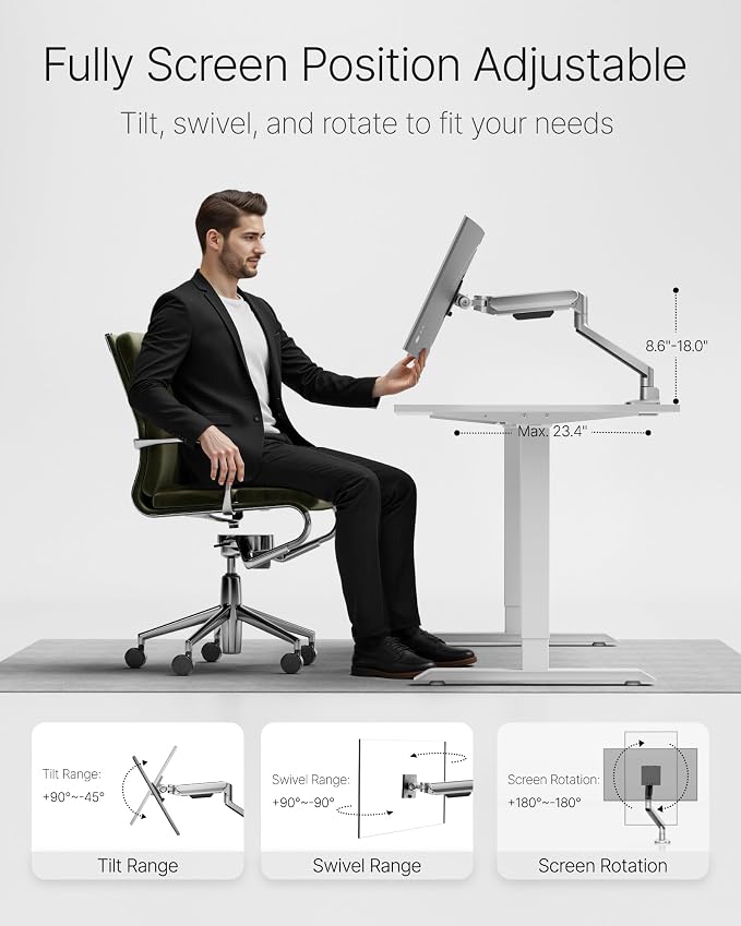 monTEK Deluxe Aluminum Monitor Arm with USB A/C for 17 to 40 Inch Curved Screens Fully Adjustable Single Monitor Arm with Clamp/Grommet, Quick Release Plate, Cable Management, VESA 75/100