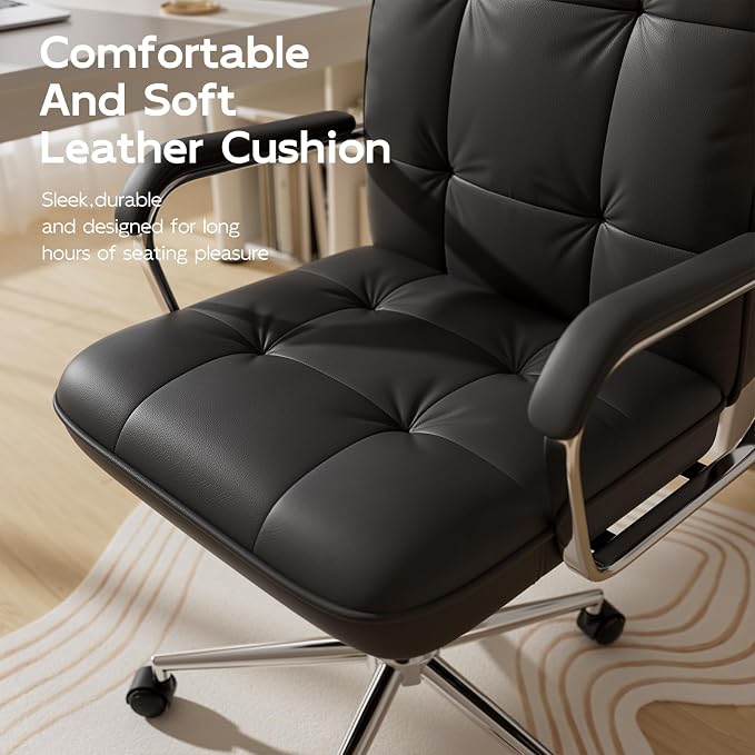 HomeZeer Black Office Chair, Mid Back Leather Desk Chair with Wheels and Padded Arms, Swivel Vanity Chair for Bedroom, Computer Chair for Study and Work