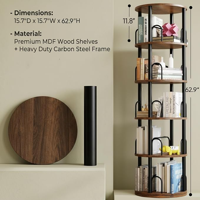5 Tier Rotating Bookshelf, Corner Wooden, Metal Skinny Bookshelf for Toy Lego Dispaly Book Shelf Room Storage Organizer Furniture Black Tall Bookcase for Bedroom Living Room Office Kitchen Shelf