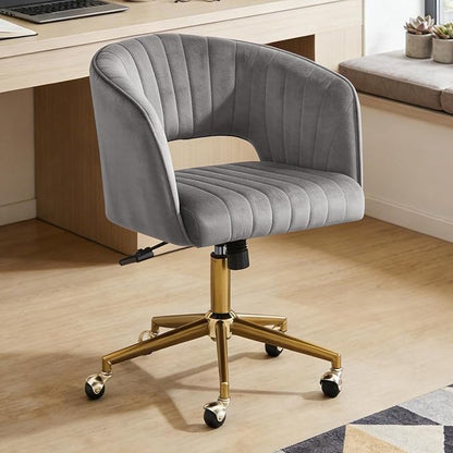 Vanity Chair with Back 360 Swivel Armchair and Gold Base, Criss Cross Chair with Wheels for Vanity Home Office, Living Room, Bedroom and Study (Grey)