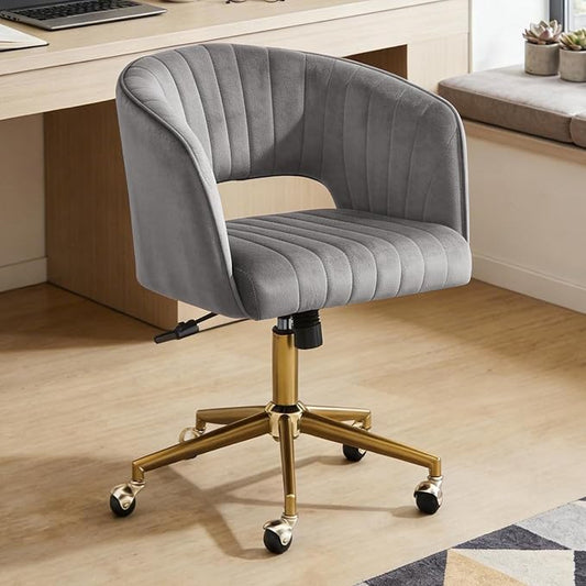 Vanity Chair with Back 360 Swivel Armchair and Gold Base, Criss Cross Chair with Wheels for Vanity Home Office, Living Room, Bedroom and Study (Grey)