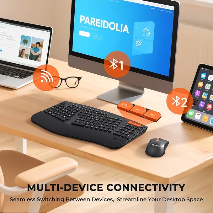 MEETION Ergonomic Keyboard and Mouse, Multi-Device Bluetooth Keyboard and Mouse Wireless, 4 DPI Adjustable Mouse, Full-Sized Split Keyboard, for PC/Computer/Laptop/Tablet/Window/Mac (2025 Upgrade)