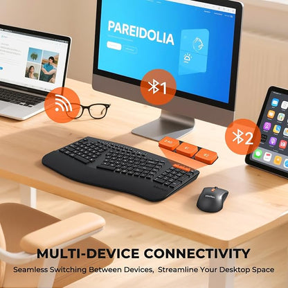 MEETION Ergonomic Keyboard and Mouse, Multi-Device Bluetooth Keyboard and Mouse Wireless, 4 DPI Adjustable Mouse, Full-Sized Split Keyboard, for PC/Computer/Laptop/Tablet/Window/Mac (2025 Upgrade)
