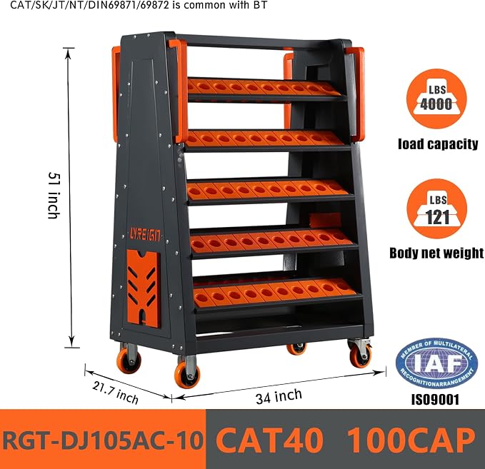 5-Tier CNC Tool Cart - CAT40, CAT30, HSK50, HSK63, HSK100, CAPTO Tool Holder - Orange Alloy Steel - 4000 lbs Capacity - 5 Inches Height