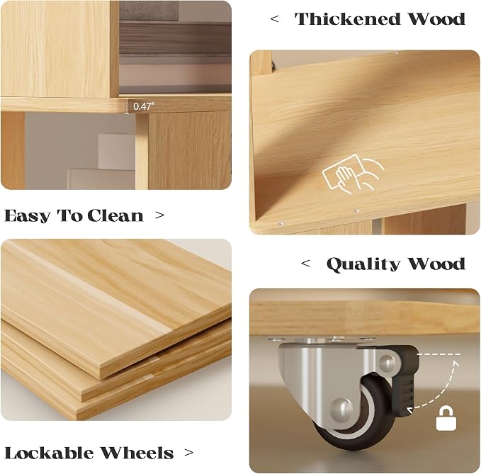 6 Tier Solid Wood Rotating Bookshelf Tower on Wheels, 360° Upgrade Spinning Book Shelf, Revolving Bookcase Organizer, Swivel Bookshelves for Small Spaces, Bedroom, Kids Room, Office (Light Wood)