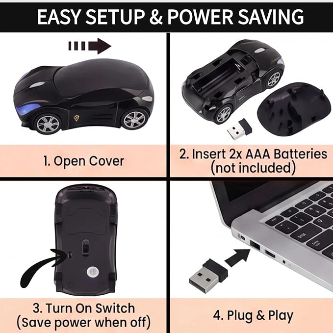 Black Wireless Car Mouse, 2.4G with USB Receiver, 1600DPI Optical, Ergonomic Mini Computer Mouse, for Laptop, PC, Tablet, Windows, Mac OS