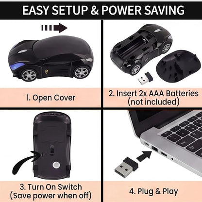 Black Wireless Car Mouse, 2.4G with USB Receiver, 1600DPI Optical, Ergonomic Mini Computer Mouse, for Laptop, PC, Tablet, Windows, Mac OS