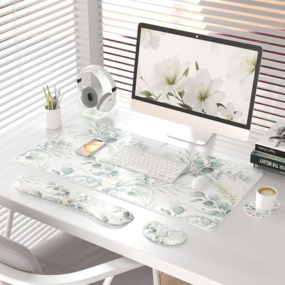 QIYI Leather Desk Mat Set, 4-in-1 Large Mouse Pad with Ergonomic Wrist Rest, Waterproof Desk Pad + Keyboard Wrist Rest +Mouse Wrist Support+Coaster, Non-Slip Office Gaming Accessories, Eucalyptus Leaf