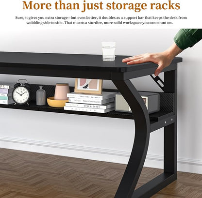 55 X 23.6'' Computer Desk, Home Office Desks w/Shelf Storage, Computer Desk w/Metal Frame, Cable Management, Study Student Desk Writing Work Table Deeper & Thicker Desktop for Home Bedroom