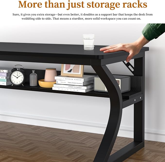 55 inch Computer Desk, Home Office Desk with Storage Shelf, Sturdy U-Shaped Metal Frame Study Table with Cable Management, Gaming Desk for Office & Bedroom (Carbon Fiber Black, 55inch)