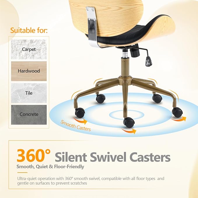 VINGLI Wide Comfotable Swivel Home Office Chair with Wood-Grain Curved Shell,Ergomomic Mid-Back Padded Armless Rolling Desk Chair with Wheels,Height Adjustable for Computer,Task,Work,PU Leather,Black