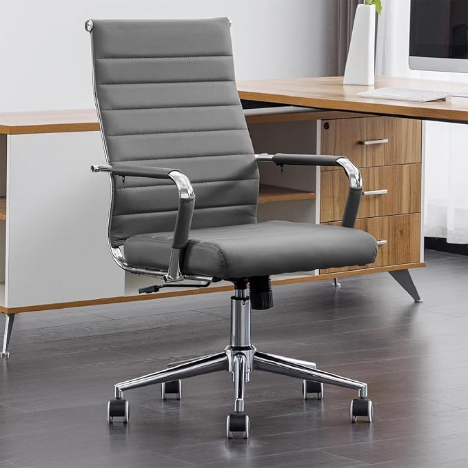Okeysen Ergonomic Office Desk Chair, Modern PU Leather Conference Room Table Chairs Ribbed, High Back Executive Swivel Rolling Chair for Home, Office (Grey-Ribbed)