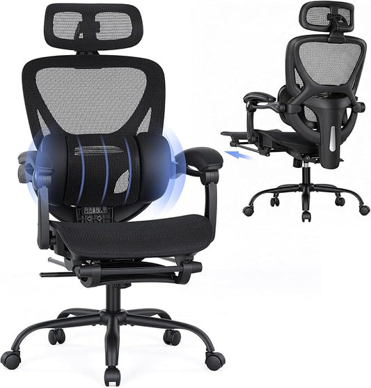 MALOL Ergonomic Mesh Office Chair with Footrest, Executive High Back Computer Desk Chair with 3D Adjustable Headrest & 5-Level Lumbar Support, Reclining Tilt Lock, 3D Arms, 300LBS Capacity, Black