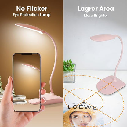Battery Powered Desk Lamp, Portable Lamps Rechargeable 3 Color Modes Touch Control Stepless Dimming, Wireless Desk Lamp with 2000mAh, Small LED Table Light for Dorm Study Office Bedroom,Pink(2-PACK)