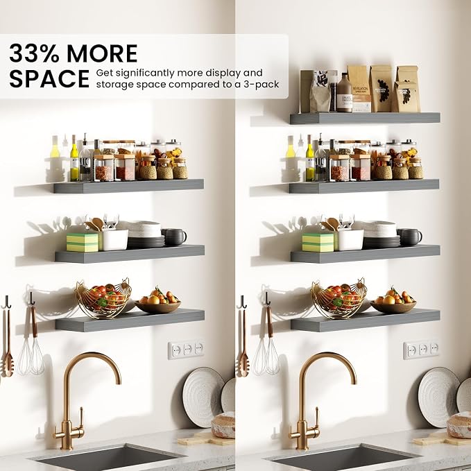 BAYKA Floating Shelves, Gray Wall Mount Wood Shelf 15.7in Set of 4 | Hidden Bracket Design, Max 22lbs Load, Multi-Wall Compatible, Easy Install, Ideal for Bathroom Bedroom Display Storage Decor