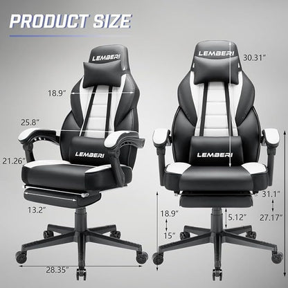 LEMBERI Big and Tall Gaming Chair 400lb Capacity, Heavy-Duty Office Chair with Reinforced Footrest, Wide Seat High Back PC Desk Chair with Linkage Armrests, Thickened Steel Frame, PU Leather, White