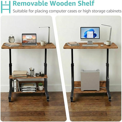 WINAZ C Shaped Rolling Laptop Desk - 32" Rustic Brown Mobile Portable Small Desk with Wheels for Small Spaces, Height Adjustable Overbed Table with 2-Tier Storage Shelves