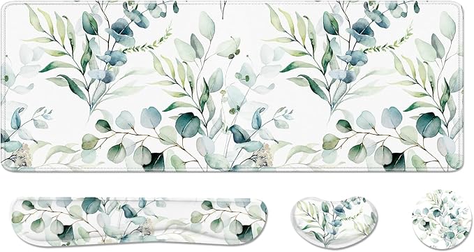 Desk Pad and Keyboard Wrist Rest, Large Mouse Pad + Keyboard Pad+Mouse Wrist Support, Non-Slip Desk Mat Protector for Office, Home 31.5×11.8 Inches Cute Flowers