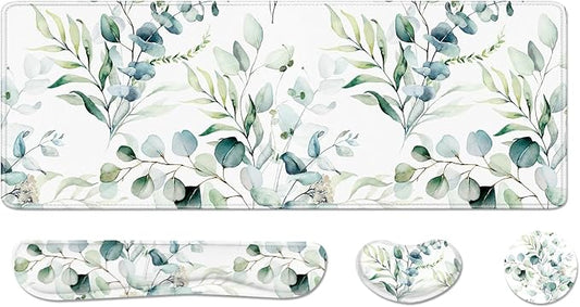 Desk Pad and Keyboard Wrist Rest, Large Mouse Pad + Keyboard Pad+Mouse Wrist Support, Non-Slip Desk Mat Protector for Office, Home 31.5×11.8 Inches Cute Flowers