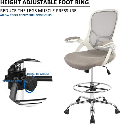 HYLONE Drafting Chair, Tall Office Chair Standing Desk Stool with Adjustable Foot Ring, Flip-Up Arms, Mesh High-Back Drafting Table Chair, White & Grey